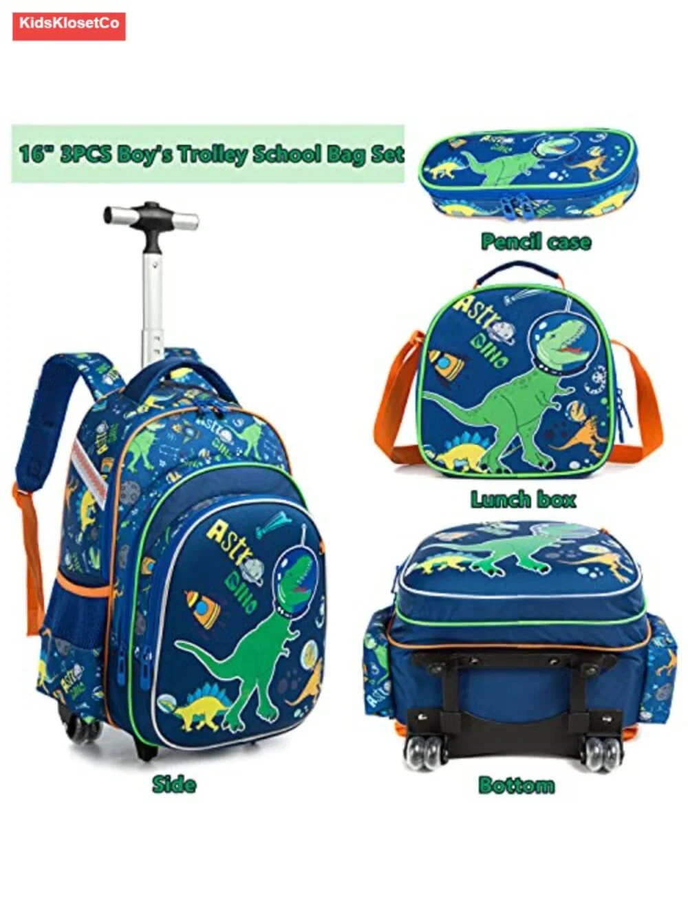 Kids Rolling Backpack with Wheels Dinosaur School Bag Lunch Box Trolley